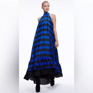 Alice + Olivia Jovie Halterneck high low maxi dress saphire and black stripe